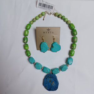 Barse Lime & Turquoise Blue Statement Necklace and Turquoise Slab Earrings